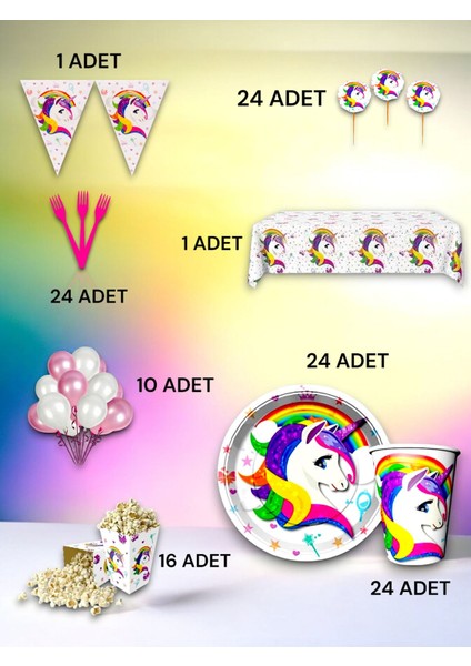 24 Kişilik Unicorn Temalı Lü x Set - Doğum Günü Parti ve Eğlenceli Etkinlikler