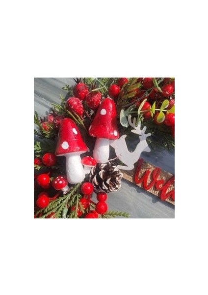 Kırmızı Yapay Kokinali Mantarli Yılbaşı Kapı Süsü 35 cm , Kapı Süsü, Dekor
