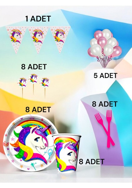 8 Kişilik Unicorn Temalı M Paket - Doğum Günü Parti ve Eğlenceli Etkinlikler