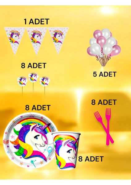 8 Kişilik Unicorn Temalı M Paket - Doğum Günü Parti ve Eğlenceli Etkinlikler