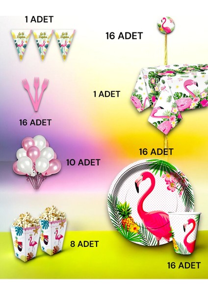 16 Kişilik Flamingo Temalı Lü x Set - Doğum Günü Parti ve Eğlenceli Etkinlikler