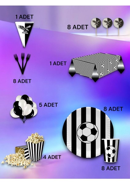 8 Kişilik Beyaz Siyah Taraftar Lü x Set - Doğum Günü Parti ve Eğlenceli Etkinlikler