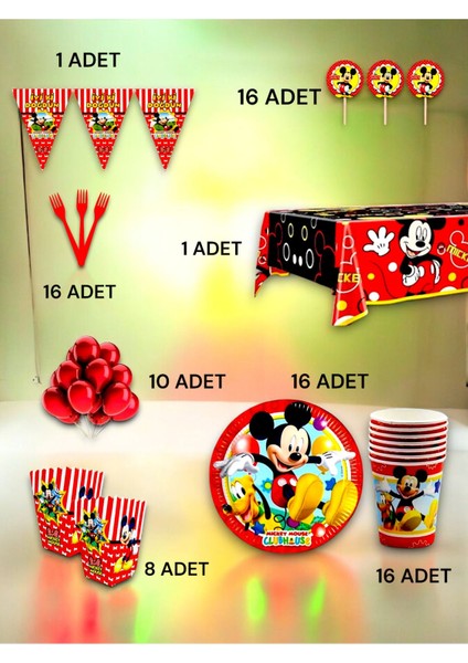 16 Kişilik Mickey Mouse Temalı Lü x Set - Doğum Günü Parti ve Eğlenceli Etkinlikler