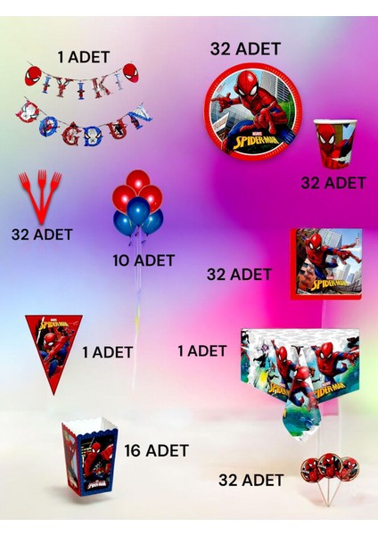 32 Kişilik Spiderman Temalı Ultra Lü x Set - Doğum Günü Parti ve Eğlenceli Etkinlikler