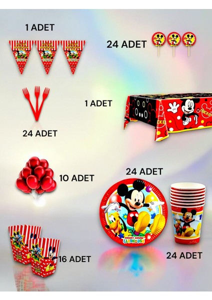 24 Kişilik Mickey Mouse Temalı Lü x Set - Doğum Günü Parti ve Eğlenceli Etkinlikler