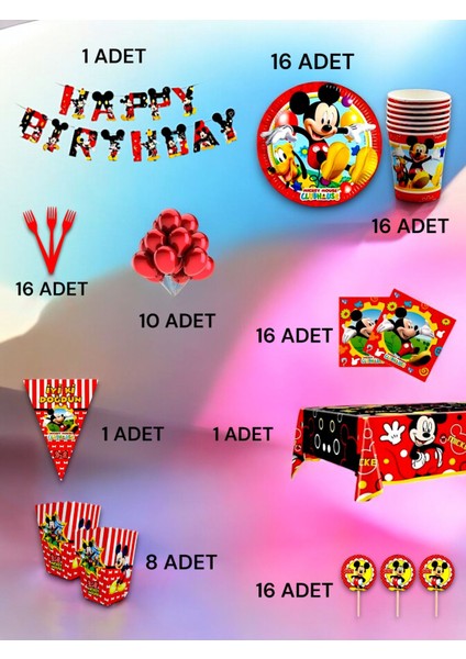 16 Kişilik Mickey Mouse Temalı Ultra Lü x Set - Doğum Günü Parti ve Eğlenceli Etkinlikler