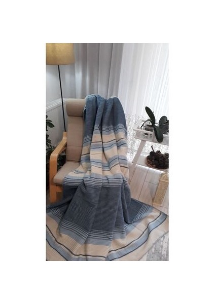 4 Mevsim Pamuklu Battaniye Çift Kişilik 180*220CM Balkon Tv Battaniyesi Mavi Çizgili
