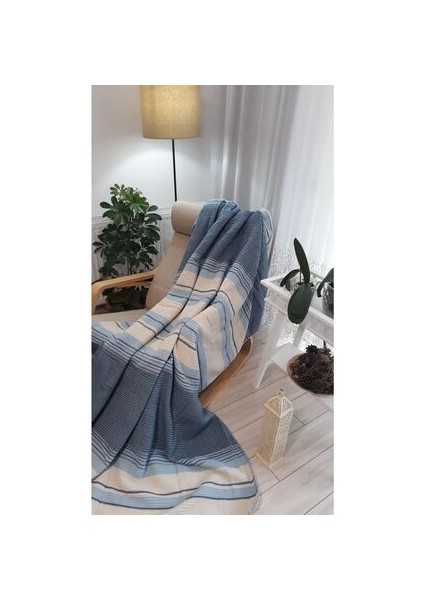 4 Mevsim Pamuklu Battaniye Çift Kişilik 180*220CM Balkon Tv Battaniyesi Mavi Çizgili modelleri