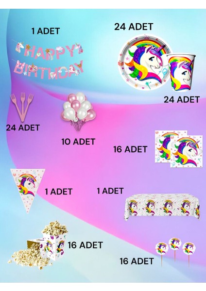 24 Kişilik Unicorn Temalı Ultra Lü x Set - Doğum Günü Parti ve Eğlenceli Etkinlikler