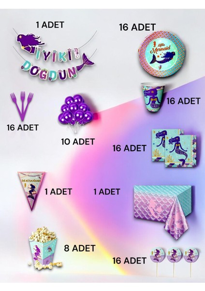 16 Kişilik Deniz Kızı Temalı Ultra Lü x Set - Doğum Günü Parti ve Eğlenceli Etkinlikler