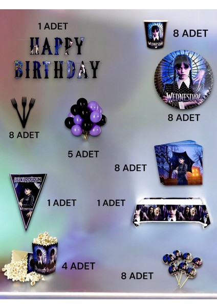 8 Kişilik Wednesday Temalı Ultra Lü x Set - Doğum Günü Parti ve Eğlenceli Etkinlikler