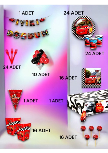 24 Kişilik Cars Temalı Ultra Lü x Set - Doğum Günü Parti ve Eğlenceli Etkinlikler