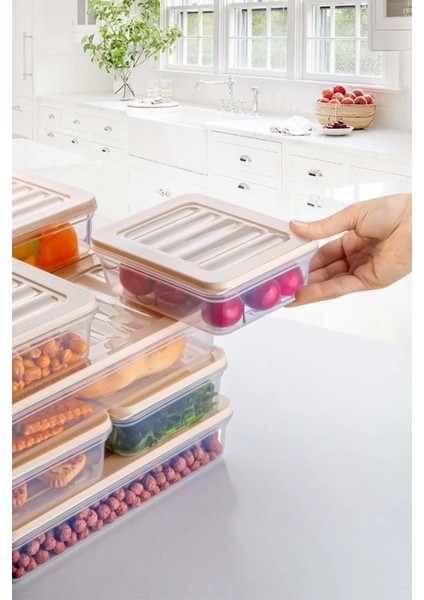 6'lı Set Freshbox Mikrodalga ve Difrize Uygun Saklama Kabı Set 2 - X2 1,2 Lt / X4 0,6 Lt Krem