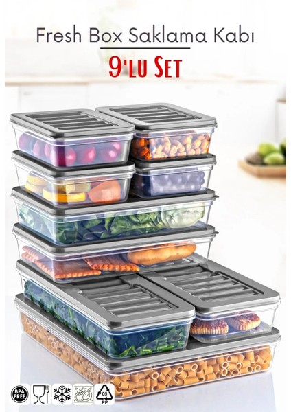 9 Lu Set Freshbox Mikrodalga ve Difrize Uygun Saklama Kabı Gri
