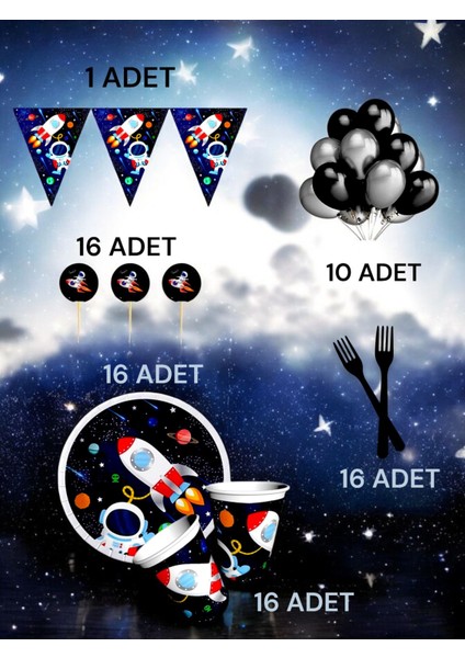 16 Kişilik Uzay Temalı M Paket - Doğum Günü Parti ve Eğlenceli Etkinlikler
