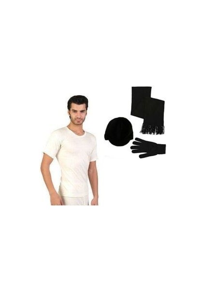 Erkek Yün Yarım Kol Içlik - Siyah Atkı+Bere+Eldiven Set