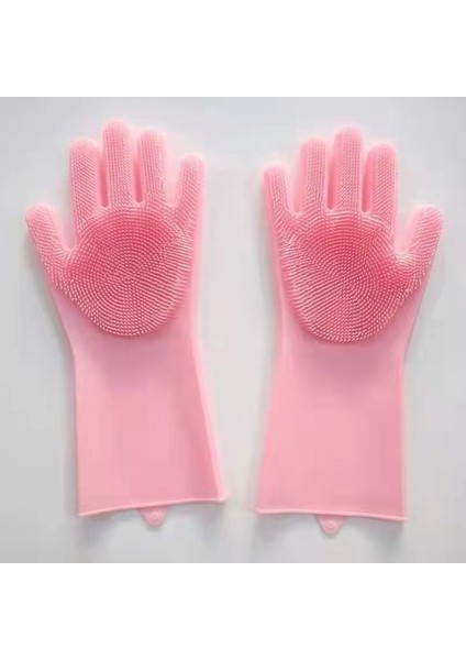 Pembe Tarzı Bir Çift Ev Eldiveni Fırça Kaymaz Temizlik Araçları Leke Tutmayan Su Geçirmez Silikon Eldiven Ev Işleri Aksesuarları Sebze Yıkama (Yurt Dışından)