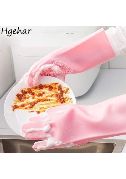 Pembe Tarzı Bir Çift Ev Eldiveni Fırça Kaymaz Temizlik Araçları Leke Tutmayan Su Geçirmez Silikon Eldiven Ev Işleri Aksesuarları Sebze Yıkama (Yurt Dışından)