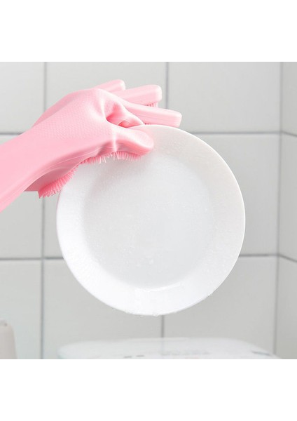 Pembe Tarzı Bir Çift Ev Eldiveni Fırça Kaymaz Temizlik Araçları Leke Tutmayan Su Geçirmez Silikon Eldiven Ev Işleri Aksesuarları Sebze Yıkama (Yurt Dışından)