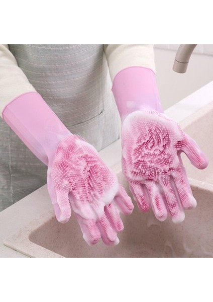 Pembe Tarzı Bir Çift Ev Eldiveni Fırça Kaymaz Temizlik Araçları Leke Tutmayan Su Geçirmez Silikon Eldiven Ev Işleri Aksesuarları Sebze Yıkama (Yurt Dışından)