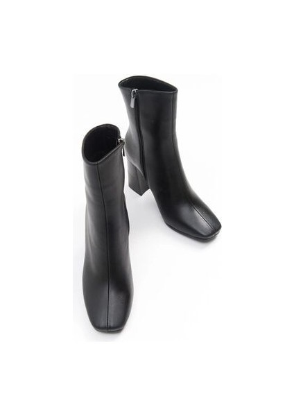 Kadın TLL Siyah Cilt Kalın Topuk Bot