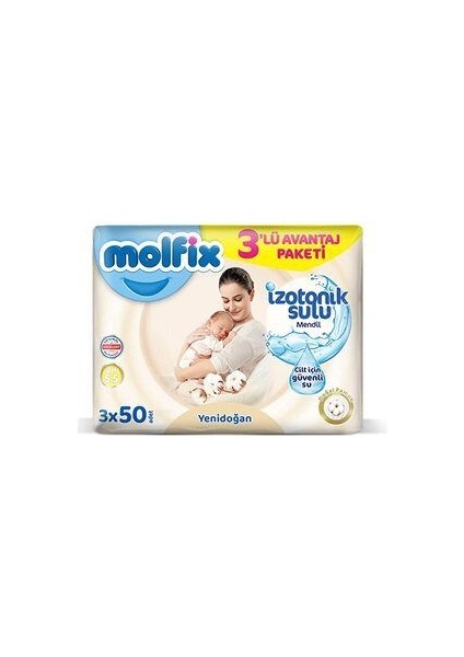 Molfix Yenidoğan Izotonik Sulu Doğal Pamuk Islak Havlu Mendil 3'lü 150 Yaprak