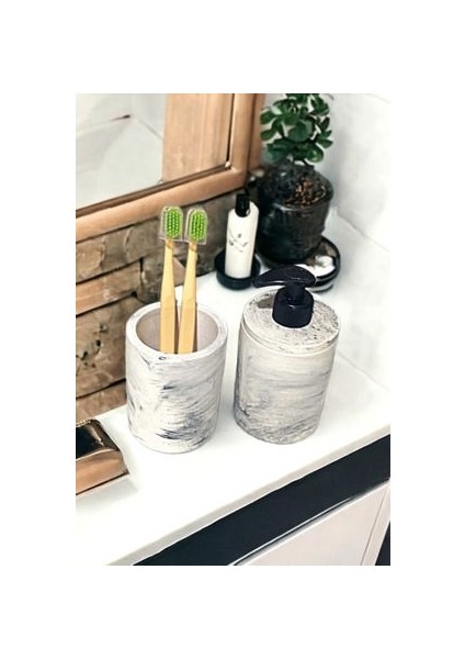 2'li Mermer Desenli Görünümlü Banyo Seti, Sıvı Sabunluk Diş Fırçalığı Beton