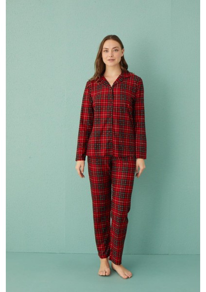 Kadın 20501-321 Uzun Kol Boydan Düğmeli Süet Pijama Takımı Kırmızı-Siyah