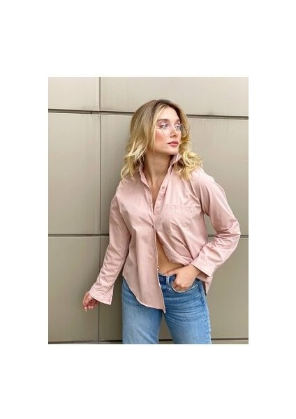 Açık Pembe Sırt Düğme Detaylı Gömlek modelleri
