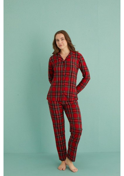Kadın 20501-264 Uzun Kol Önü Düğmeli Süet Pijama Takımı Kırmızı-Haki