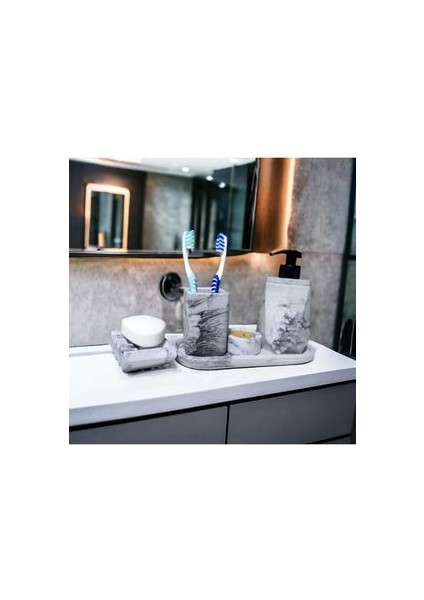 5'li Mermer Desenli Banyo Seti, Sıvı Sabunluk Diş Fırçalığı Beton Antrasit Set.