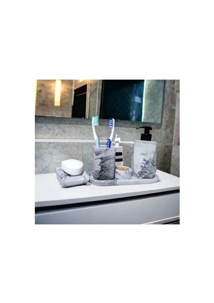 5'li Mermer Desenli Banyo Seti, Sıvı Sabunluk Diş Fırçalığı Beton Antrasit Set.