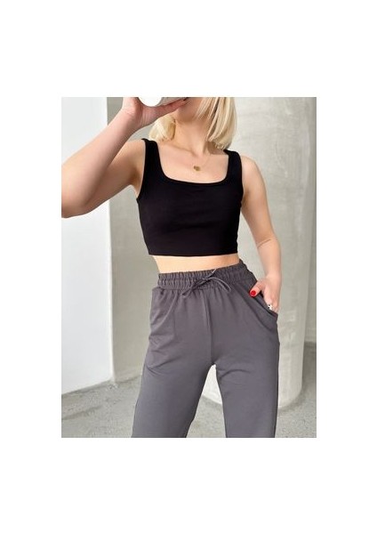 Kadın Fitilli Kaşkorse Kare Yaka Crop Atlet Body