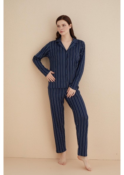 Kadın 50701-151 Önü Düğmeli Süet Pijama Takımı Lacivert