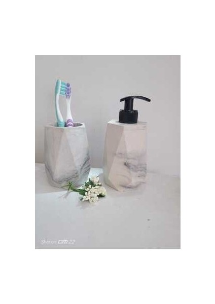 2'li Mermer Desenli Görünümlü Banyo Seti, Sıvı Sabunluk Diş Fırçalığı Beton