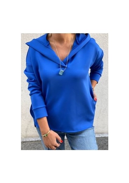 Saks Mavi 3 Iplik Kapişonlu Sweat