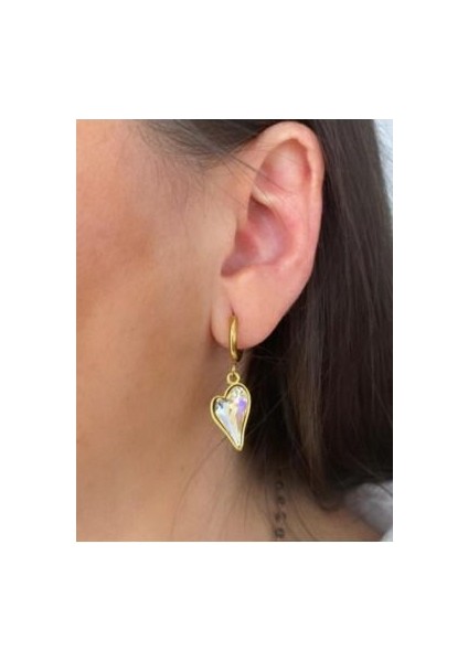 Çelik Gold Renkli Kalp Içi Taş Küpe