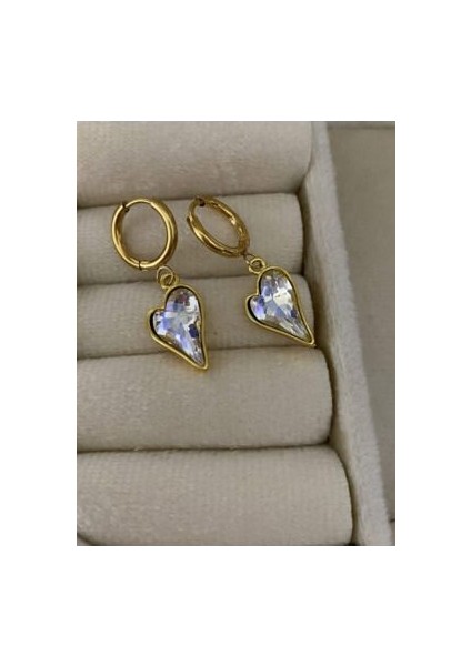 Çelik Gold Renkli Kalp Içi Taş Küpe fiyatları