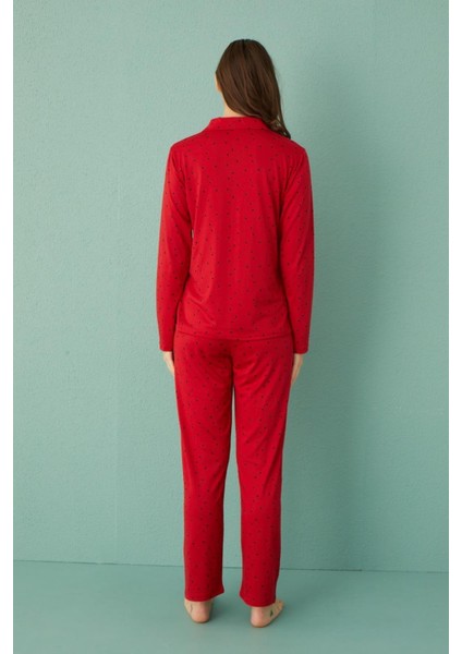 Kadın 50701-030 Önü Düğmeli Süet Pijama Takımı Kırmızı