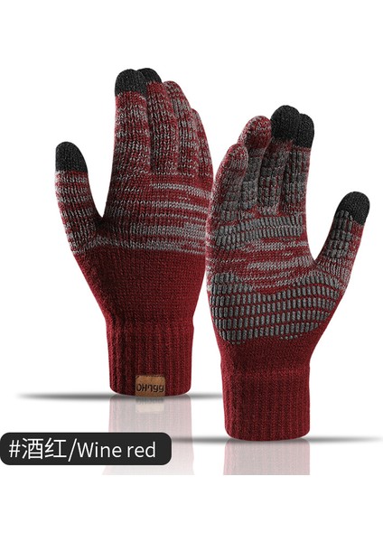 Şarap Kırmızısı Tarzı Erkekler Için Örme Eldivenler Sonbahar ve Kış Artı Kadife Renk Eşleştirme Ofset Baskı Dokunmatik Ekran Sıcak Eldivenler (Yurt Dışından)