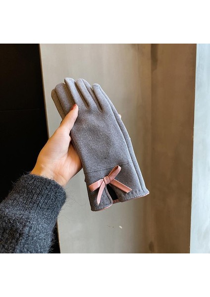 Gri Deri Kenar Stili Kadın Kış Eldiveni Kore Versiyonu Sevimli Kurdele Yumuşak Kalın Peluşlu Sonbahar Bisiklet Sıcak Tutma Dokunmatik Ekran (Yurt Dışından)