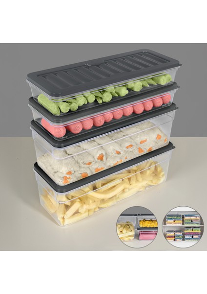 4'lü Buzdolabı Organizer Set Düzenleyici Saklama Kabı Derin ve Sığ Mikrodalga Difriz Kabı L Antrasit