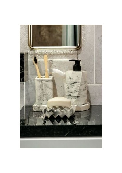 4'lü Mermer Desenli Banyo Seti , Sıvı Sabunluk Diş Fırçalığı Beton Aksesuar Takımı