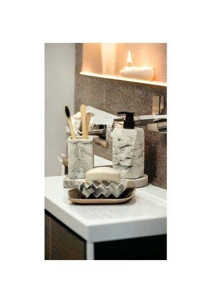 4'lü Mermer Desenli Banyo Seti , Sıvı Sabunluk Diş Fırçalığı Beton Aksesuar Takımı fiyatları