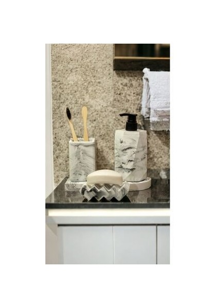 4'lü Mermer Desenli Banyo Seti , Sıvı Sabunluk Diş Fırçalığı Beton Aksesuar Takımı modelleri