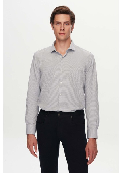 Slim Fit Siyah Armürlü Gömlek