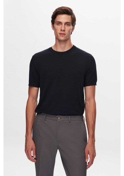 Slim Fit Lacivert Düz Örgü Rayon Triko T-Shirt