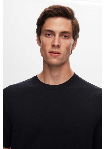 Slim Fit Lacivert Düz Örgü Rayon Triko T-Shirt