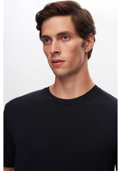 Slim Fit Lacivert Düz Örgü Rayon Triko T-Shirt