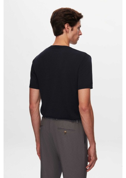 Slim Fit Lacivert Düz Örgü Rayon Triko T-Shirt